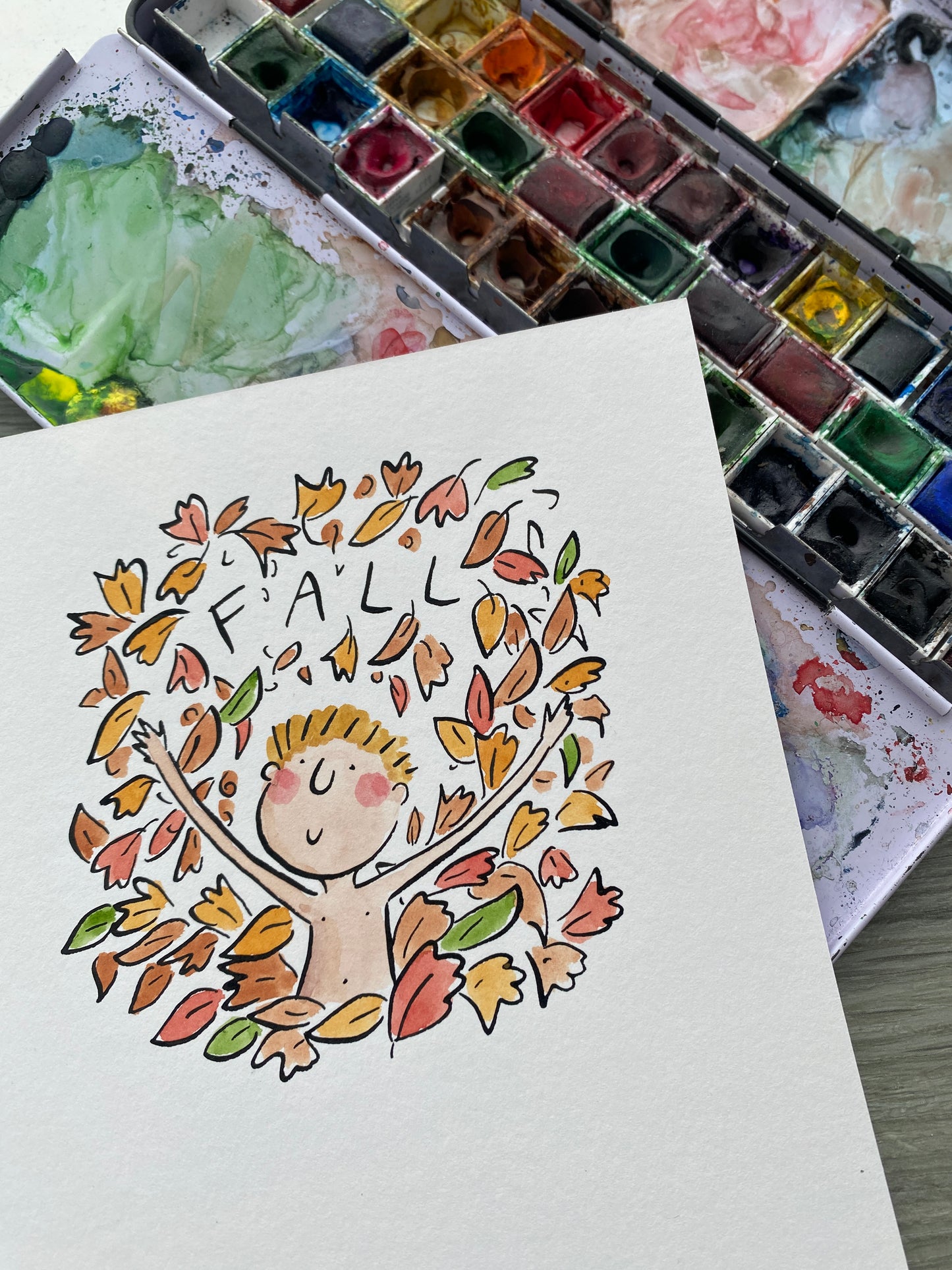 Fall original pen and ink and watercolour illustration by Rosie Brooks