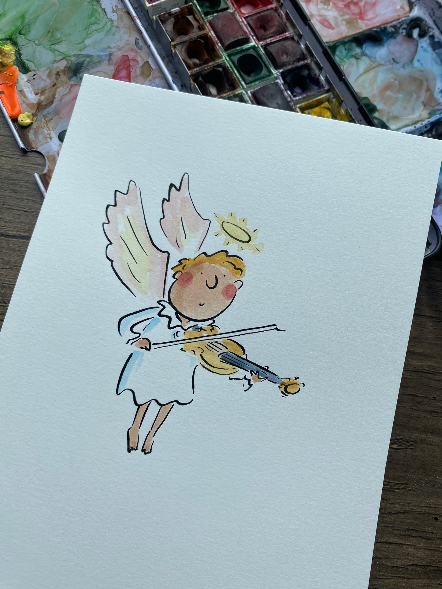 Cherub with a violin original pen and ink and watercolour illustration by Rosie Brooks