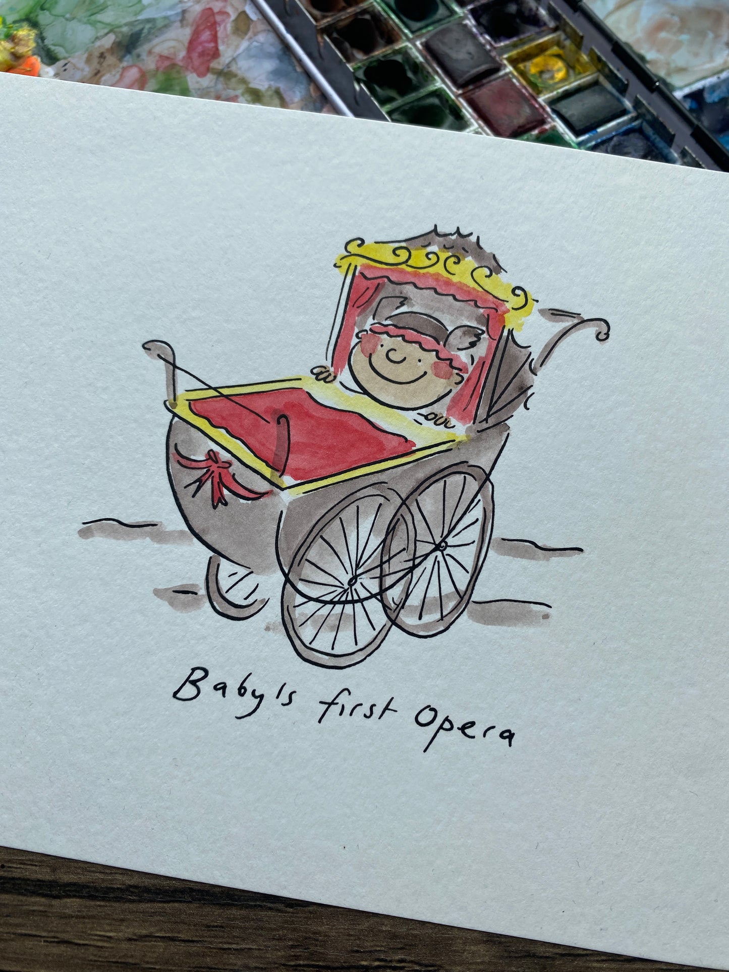 Baby's first Opera original pen and ink and watercolour illustration by Rosie Brooks