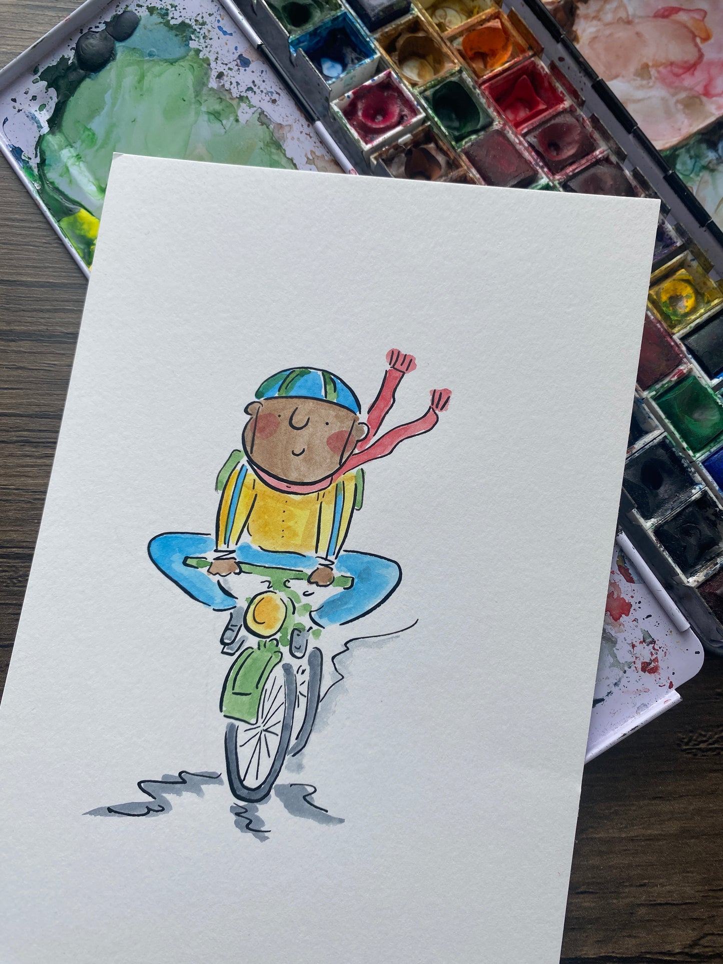 Bike original pen and ink and watercolour illustration by Rosie Brooks