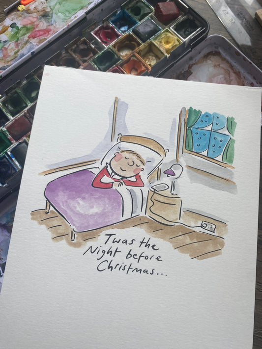 'Twas the night before Christmas original pen and ink and watercolour illustration by Rosie Brooks