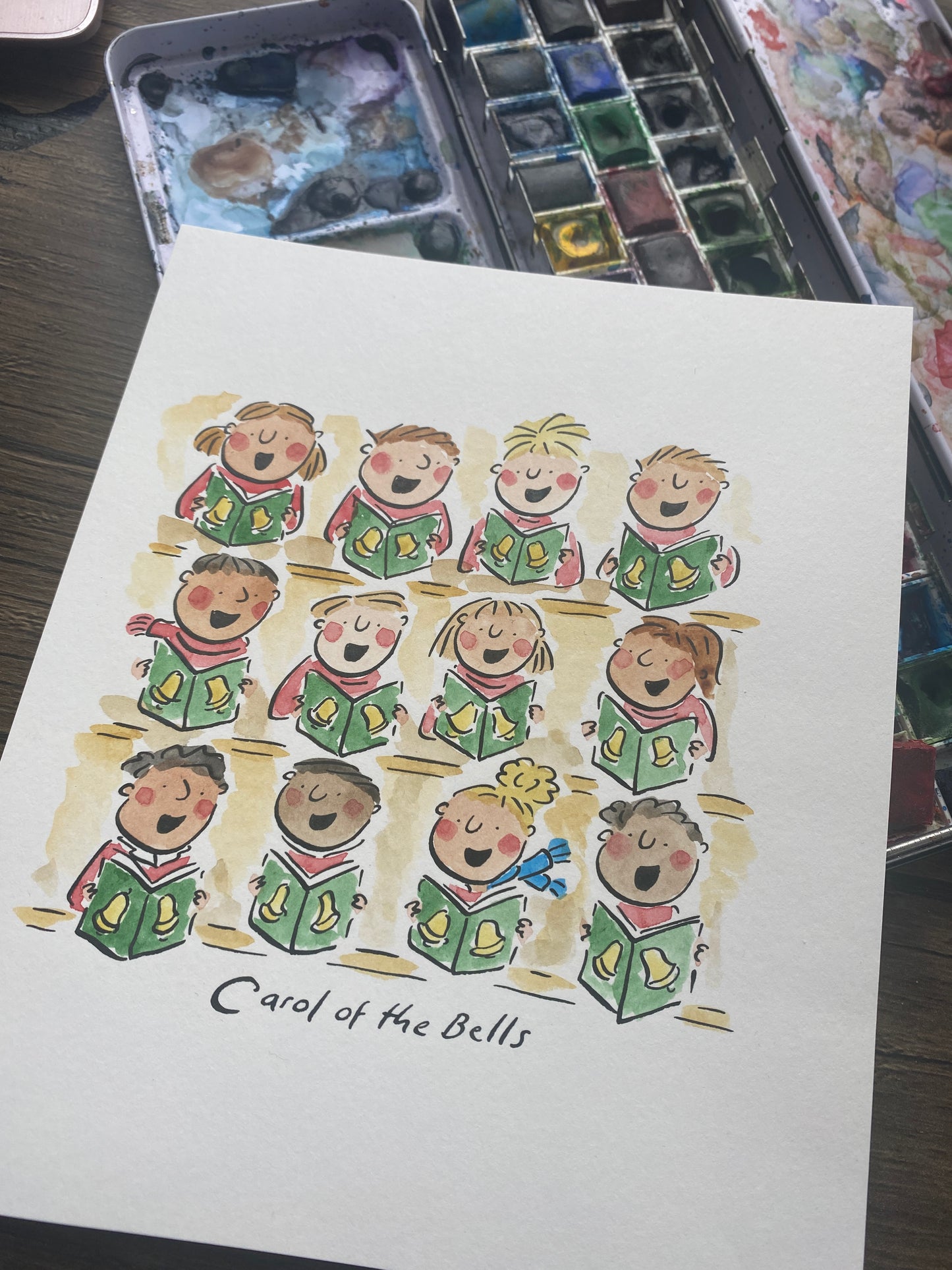 Carol of the bells original illustration in pen and ink and watercolour by Rosie Brooks
