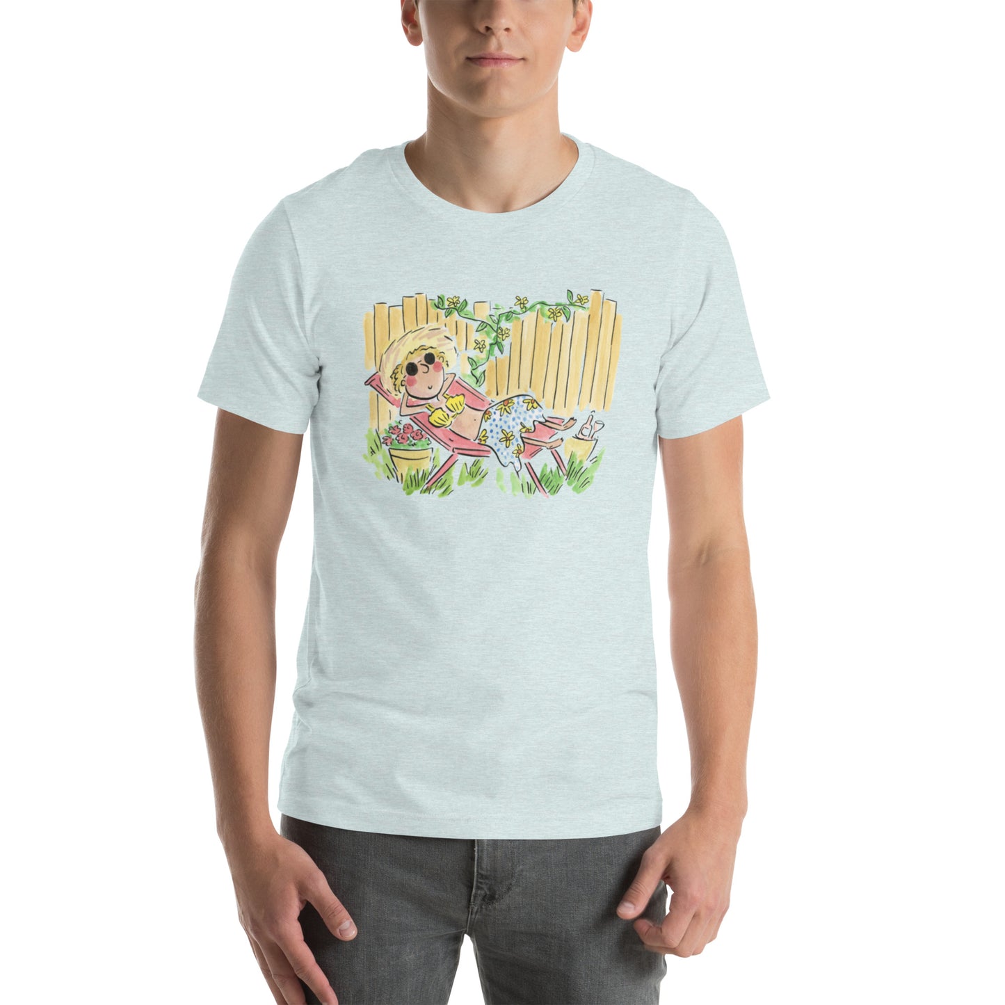 Sunbathing in the garden Illustration by Rosie Brooks Unisex t-shirt