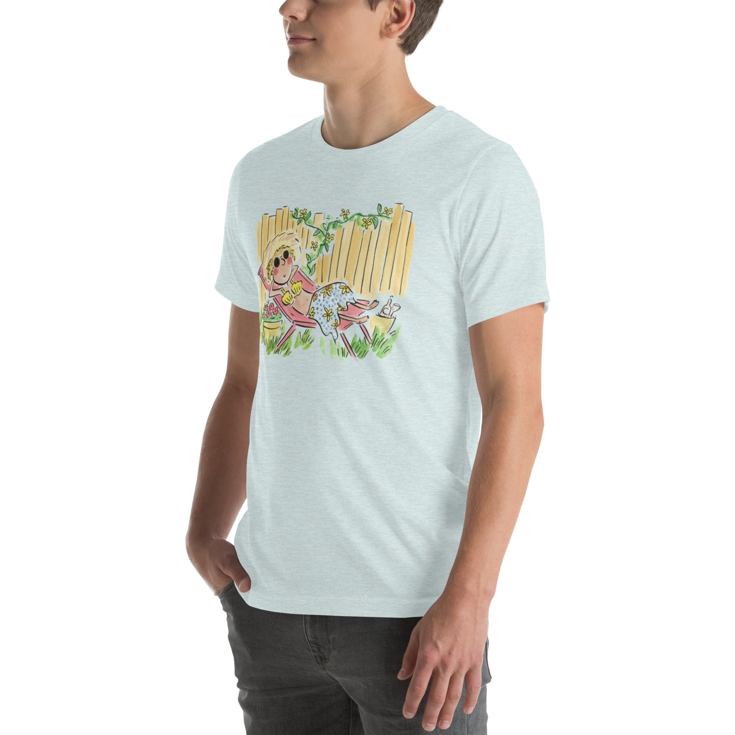 Sunbathing in the garden Illustration by Rosie Brooks Unisex t-shirt