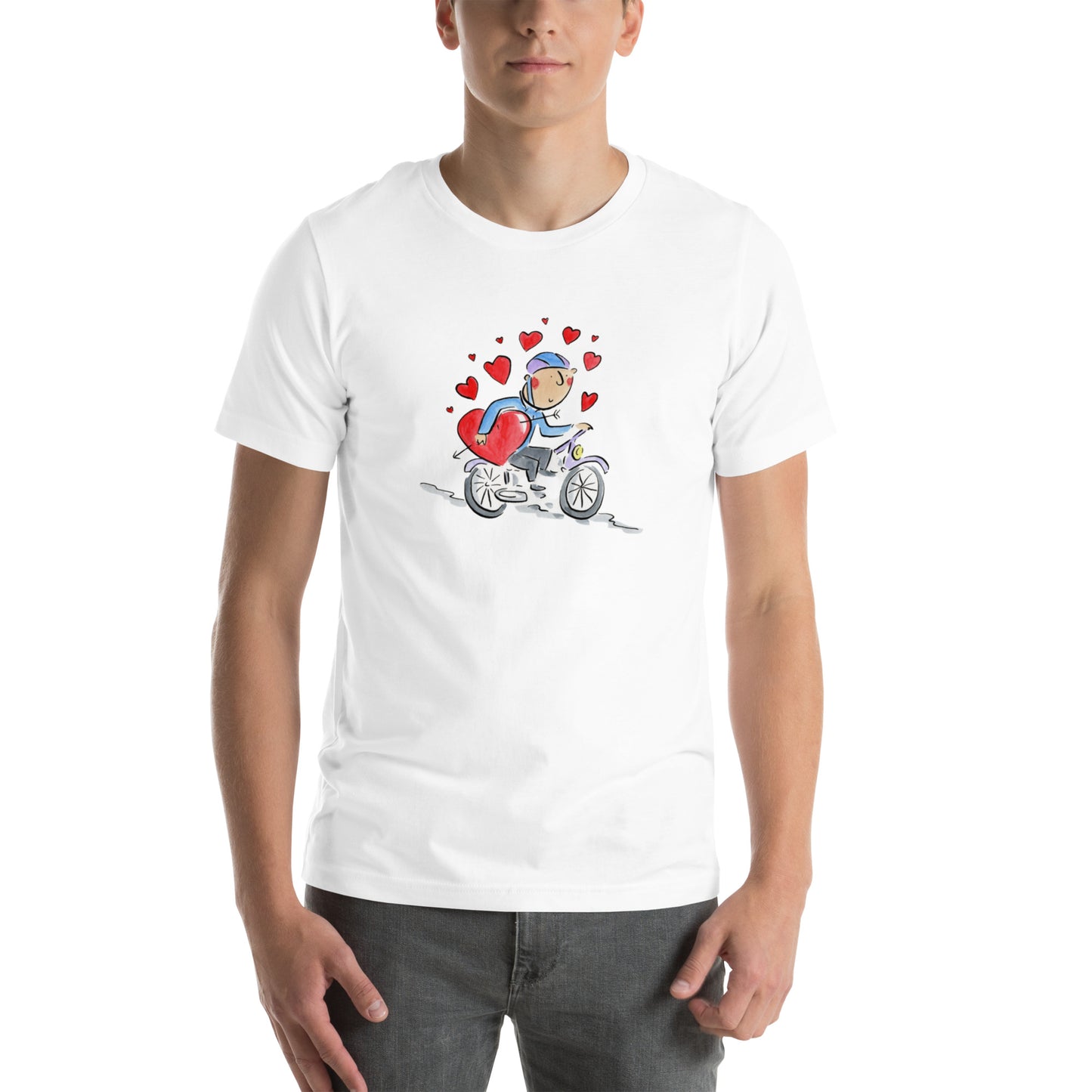 Hearts on a Bike Illustration by Rosie Brooks Unisex t-shirt