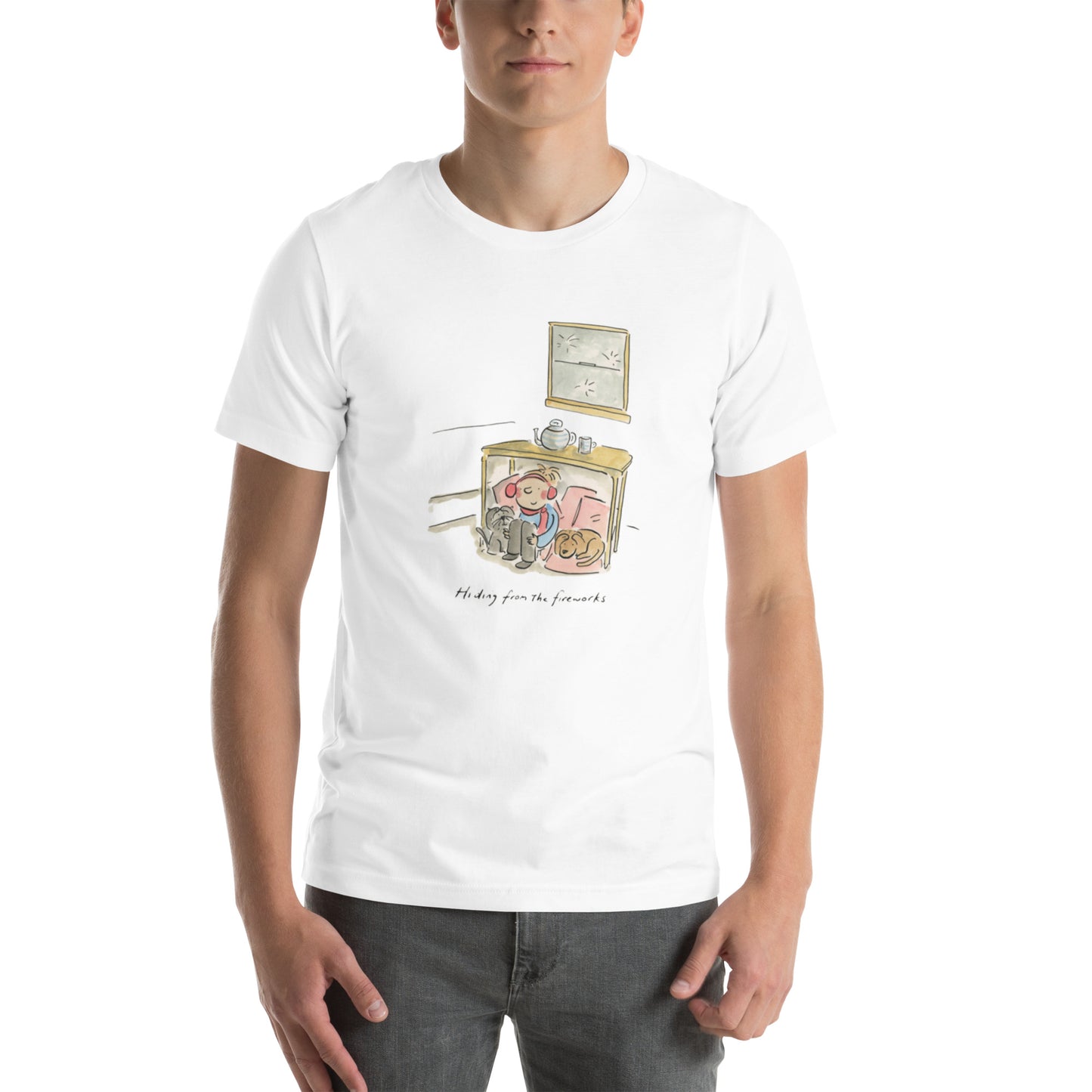 Hiding from Fireworks Illustration by Rosie Brooks Unisex t-shirt