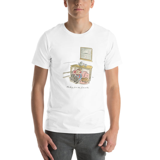 Hiding from Fireworks Illustration by Rosie Brooks Unisex t-shirt