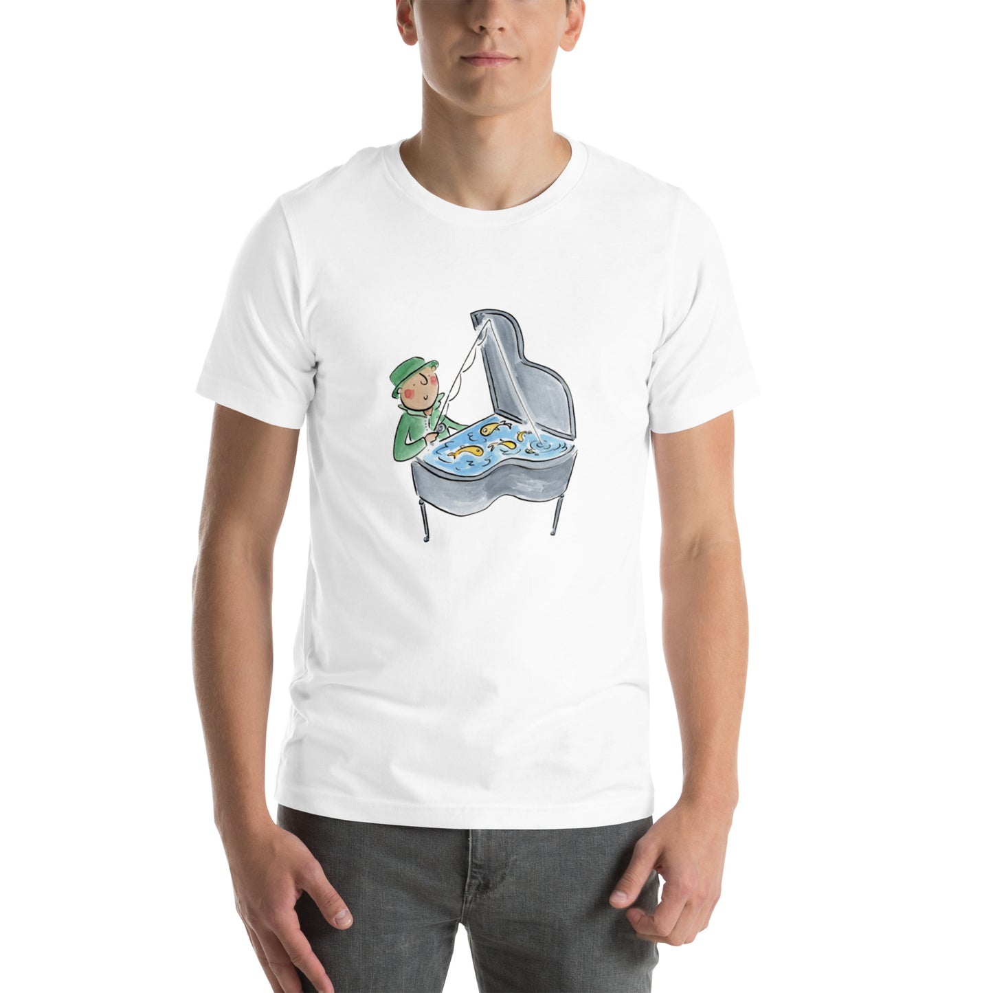 Piano Fishing Illustration by Rosie Brooks Unisex t-shirt