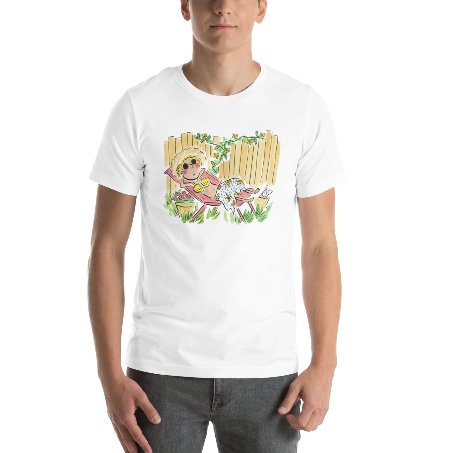 Sunbathing in the garden Illustration by Rosie Brooks Unisex t-shirt