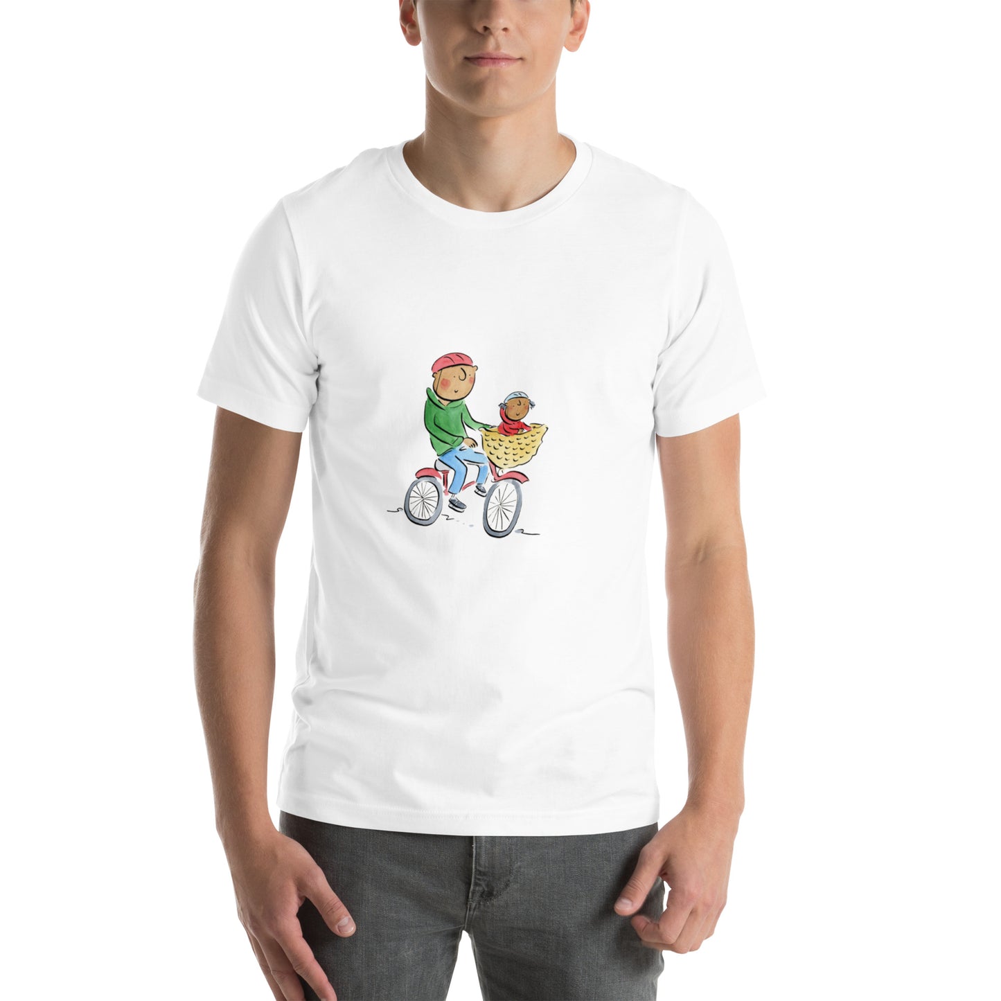 Baby in a bike basket Illustration by Rosie Brooks Unisex t-shirt