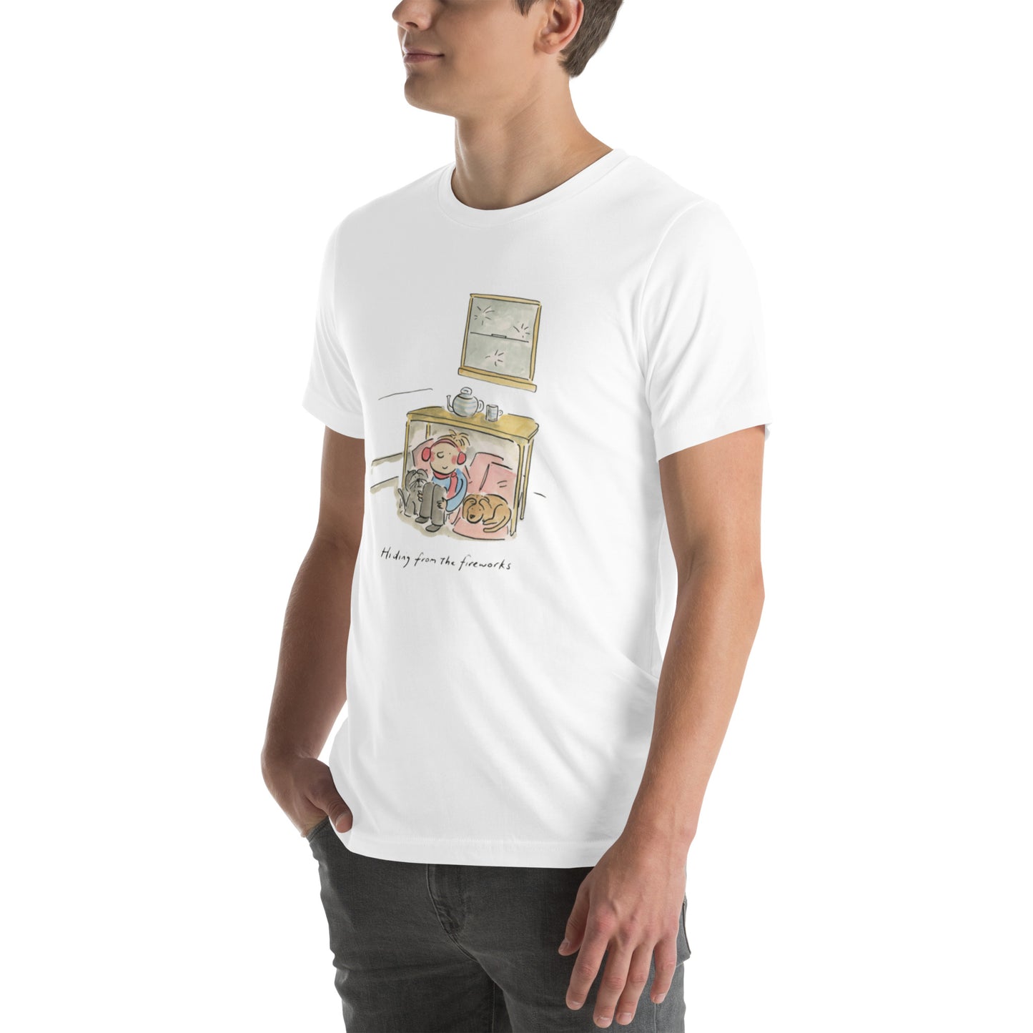 Hiding from Fireworks Illustration by Rosie Brooks Unisex t-shirt