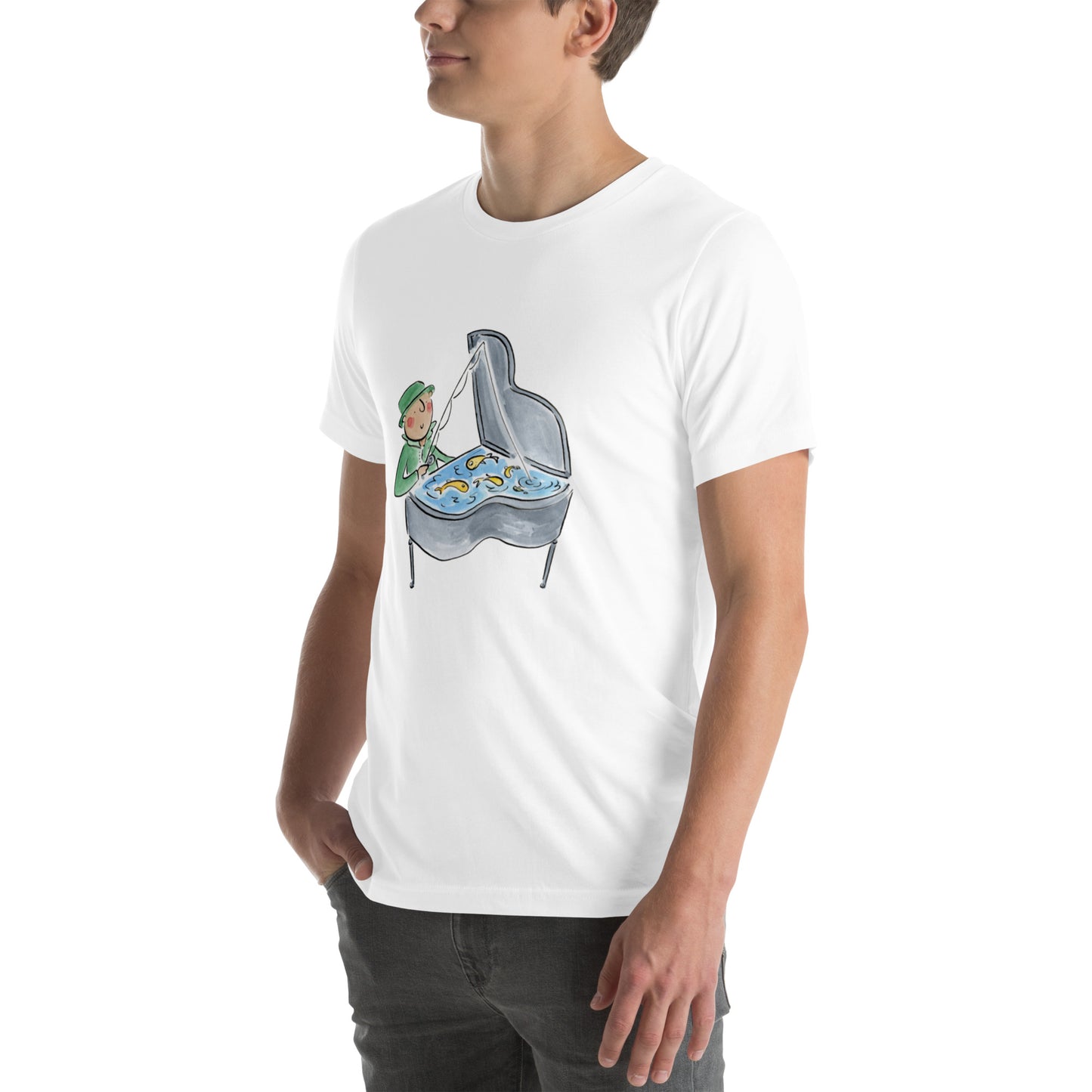 Piano Fishing Illustration by Rosie Brooks Unisex t-shirt