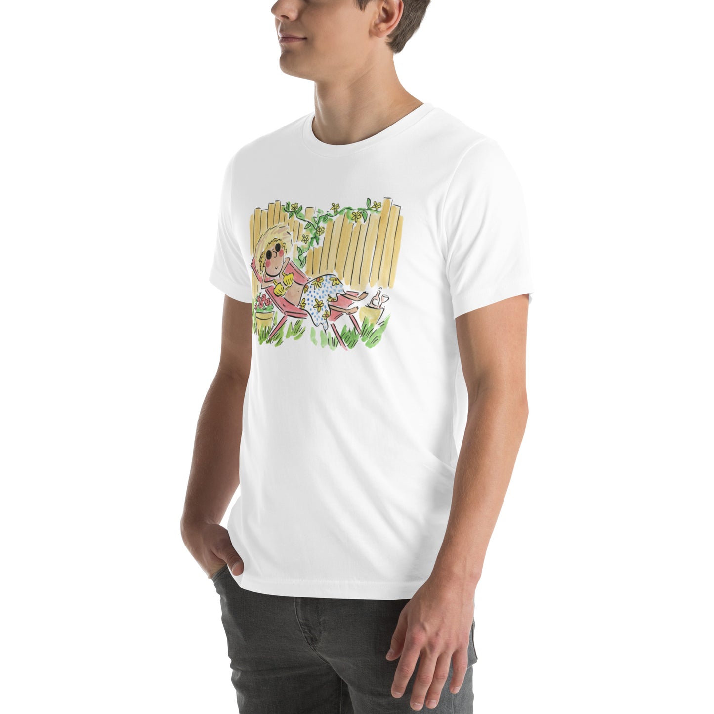 Sunbathing in the garden Illustration by Rosie Brooks Unisex t-shirt