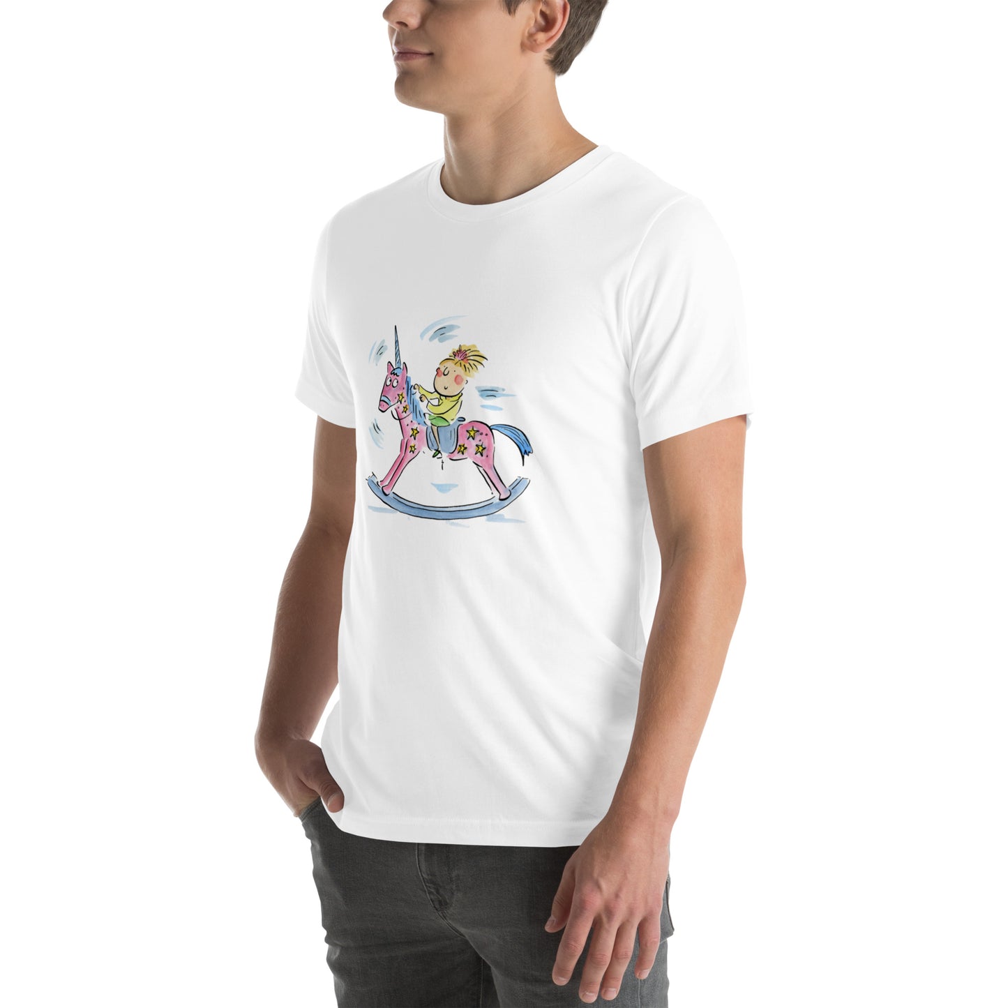 Rocking Unicorn Illustration by Rosie Brooks Unisex t-shirt