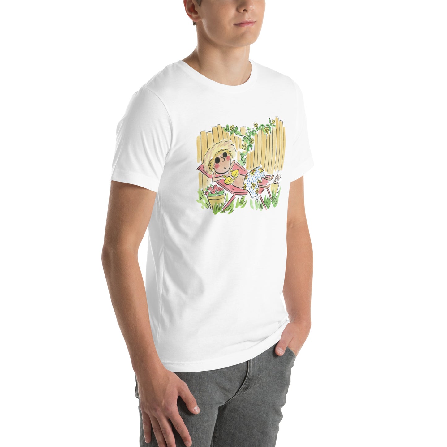 Sunbathing in the garden Illustration by Rosie Brooks Unisex t-shirt