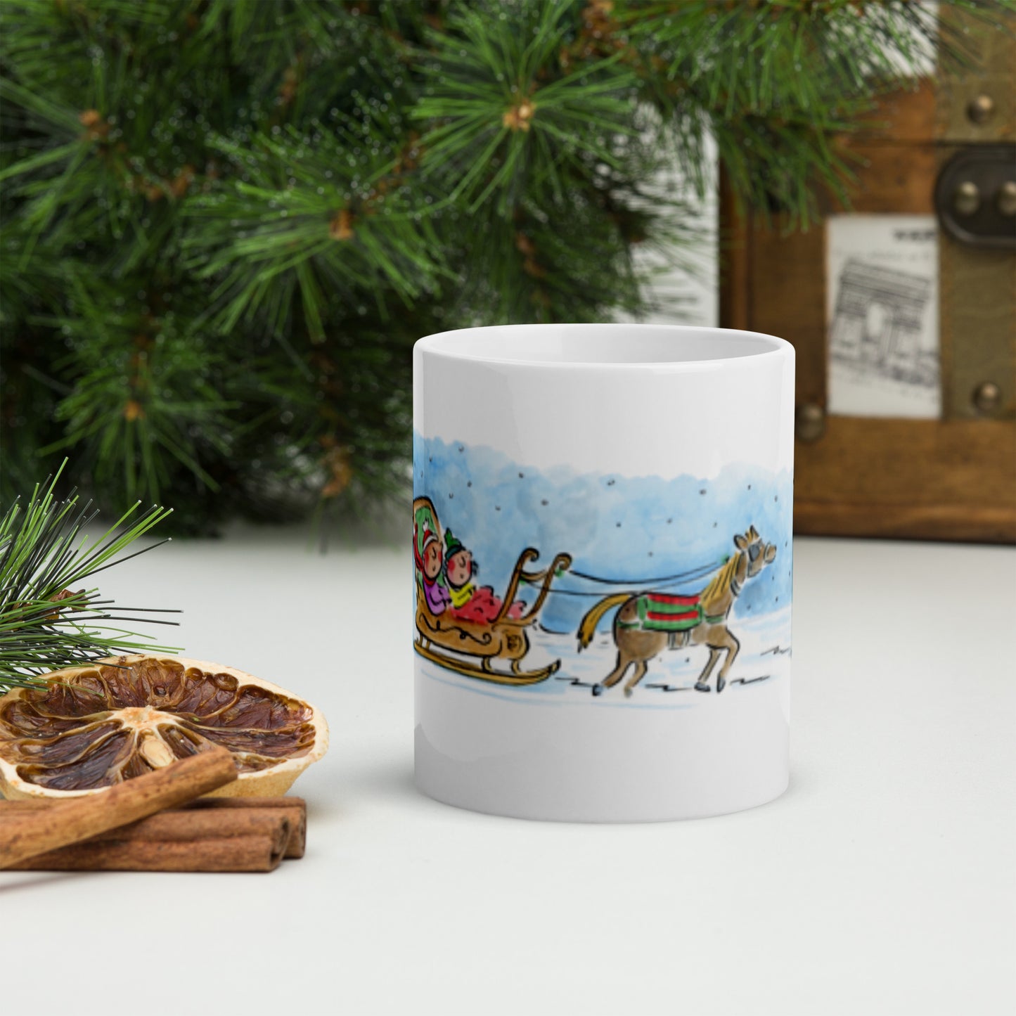 Sleigh Ride Illustration by Rosie Brooks White glossy mug