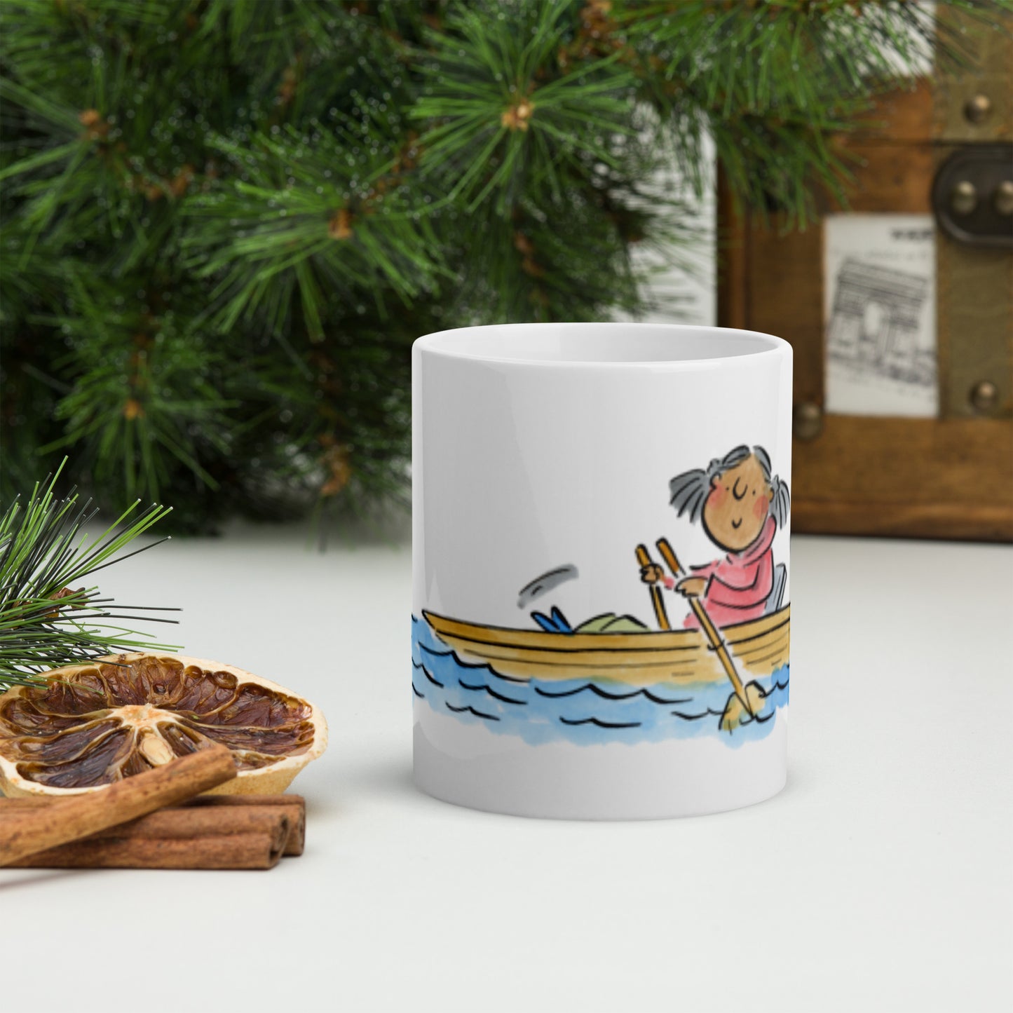 Rowing Illustration by Rosie Brooks White glossy mug