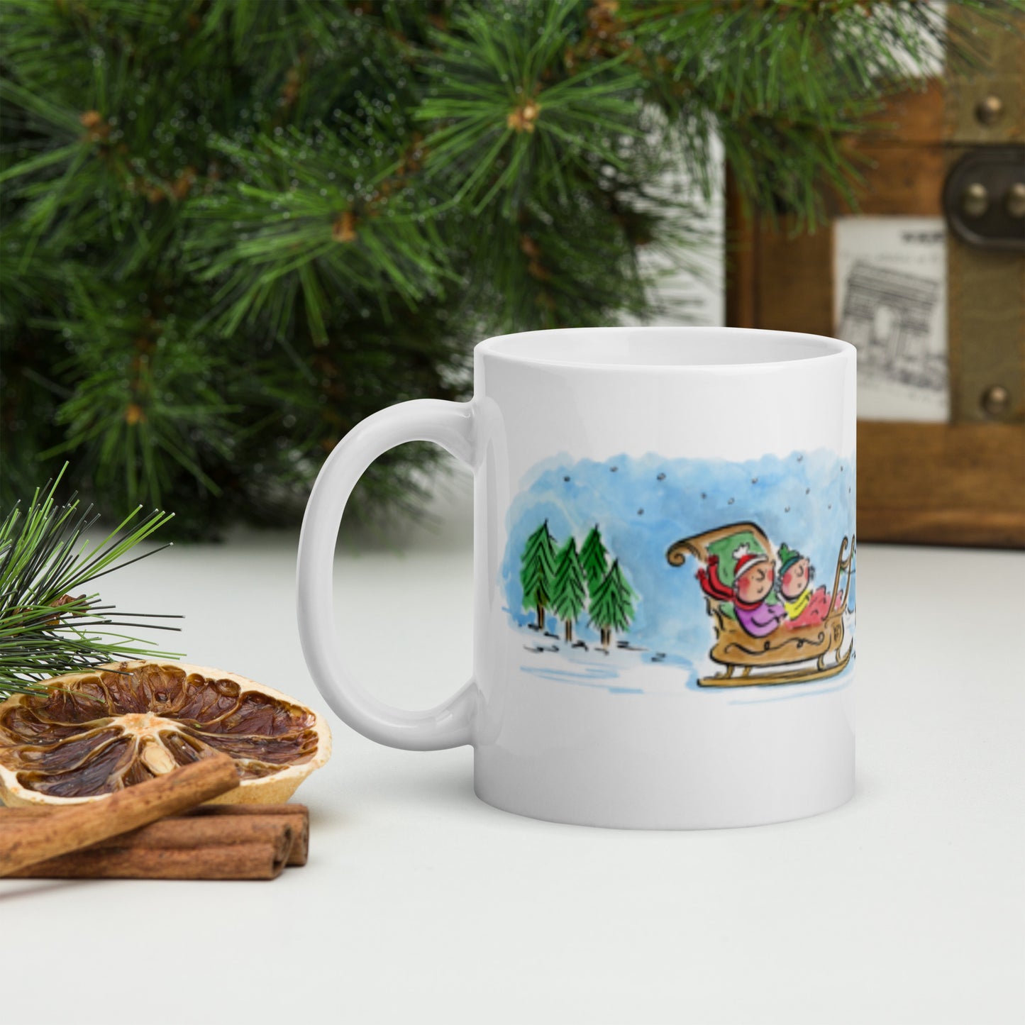 Sleigh Ride Illustration by Rosie Brooks White glossy mug