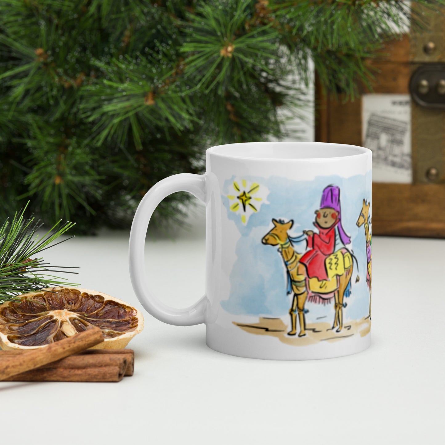 We Three Kings Illustration by Rosie Brooks White glossy mug