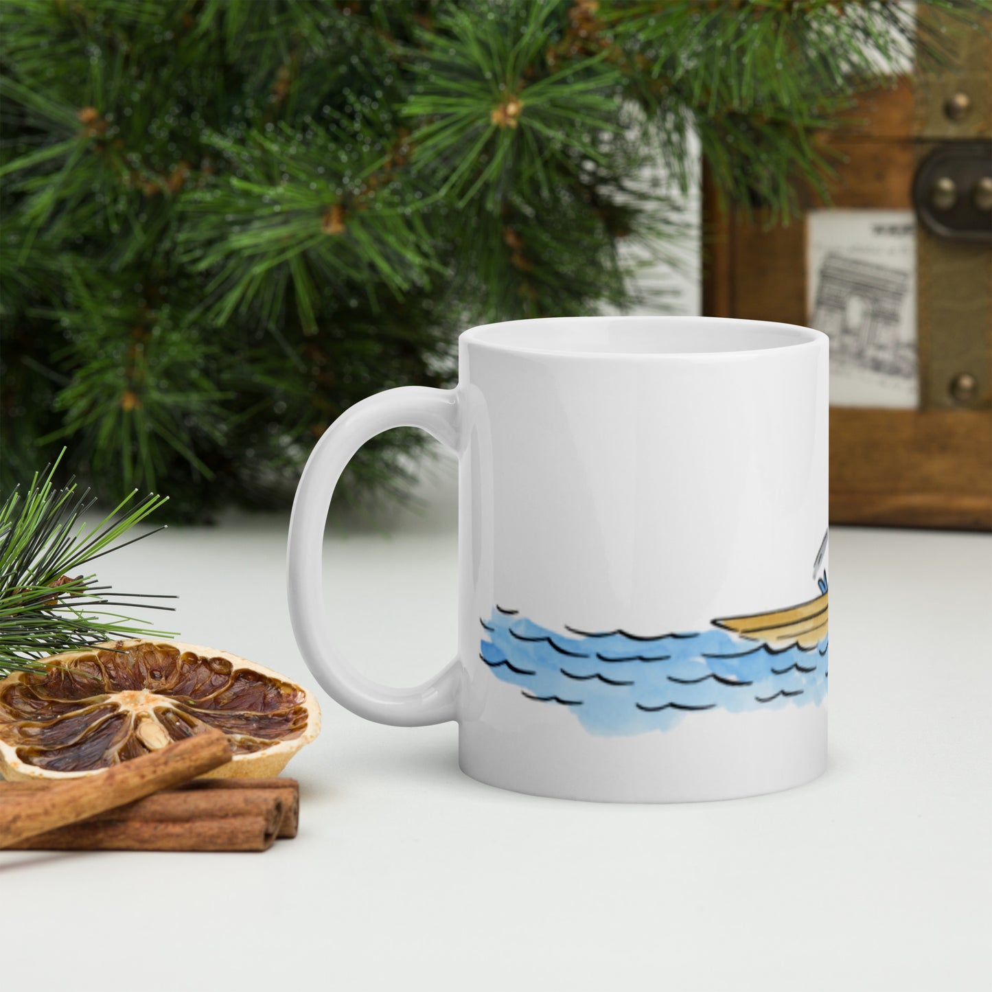 Rowing Illustration by Rosie Brooks White glossy mug