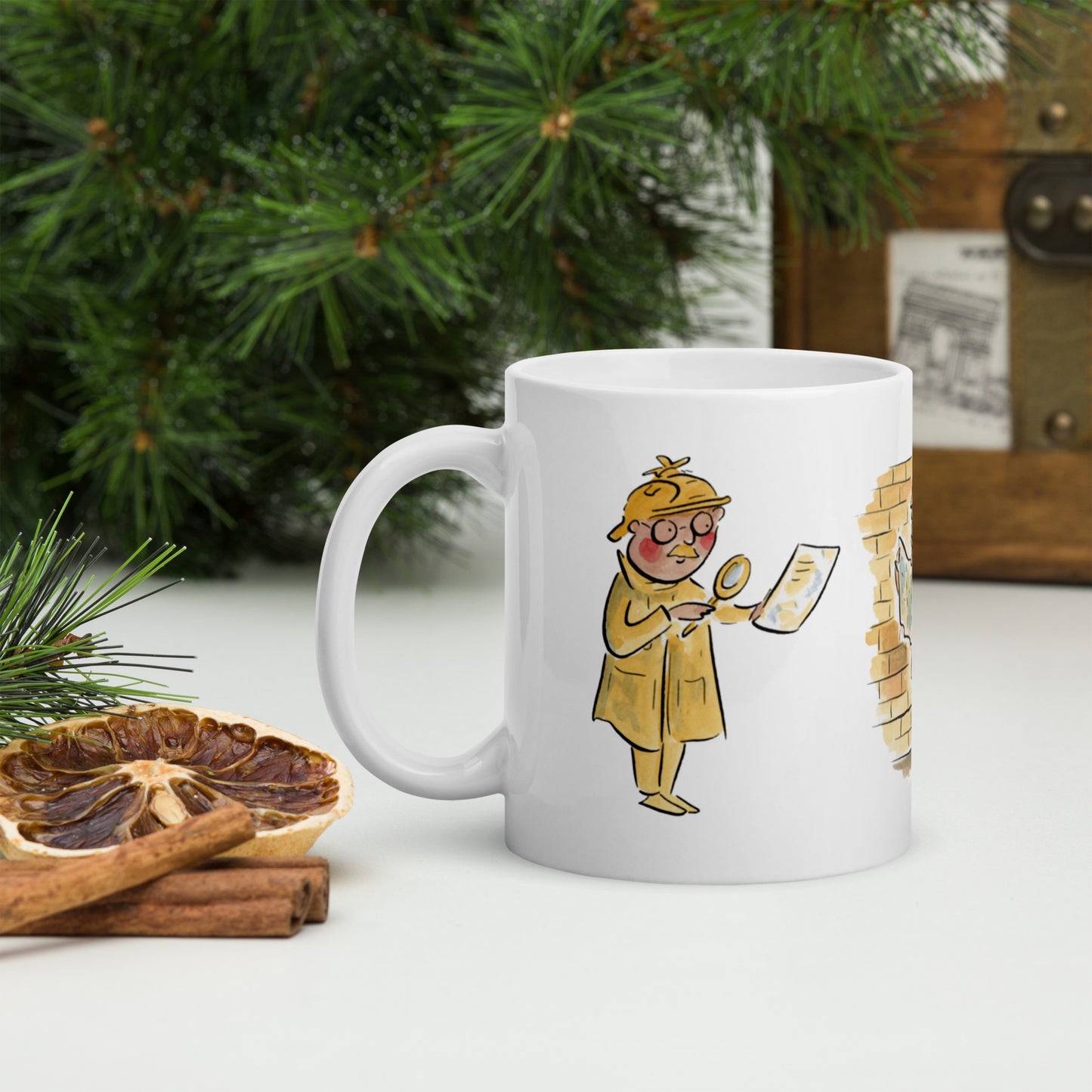 Detectives Illustration by Rosie Brooks White glossy mug