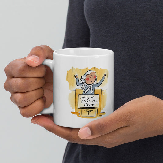 May it please the Court Illustration by Rosie Brooks White glossy mug