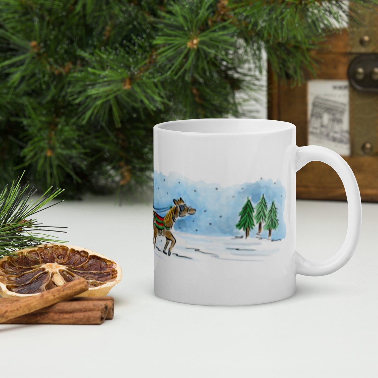 Sleigh Ride Illustration by Rosie Brooks White glossy mug