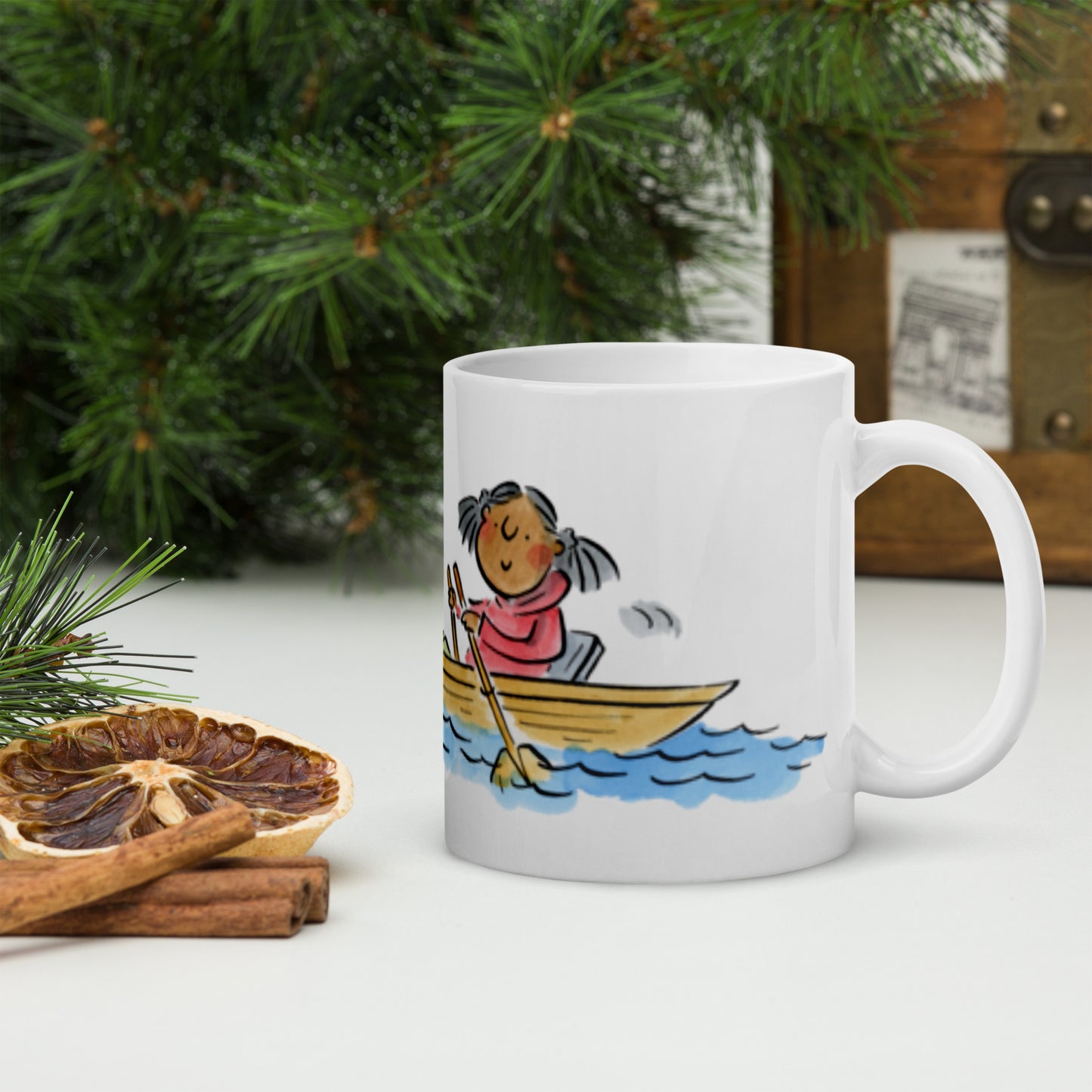 Rowing Illustration by Rosie Brooks White glossy mug