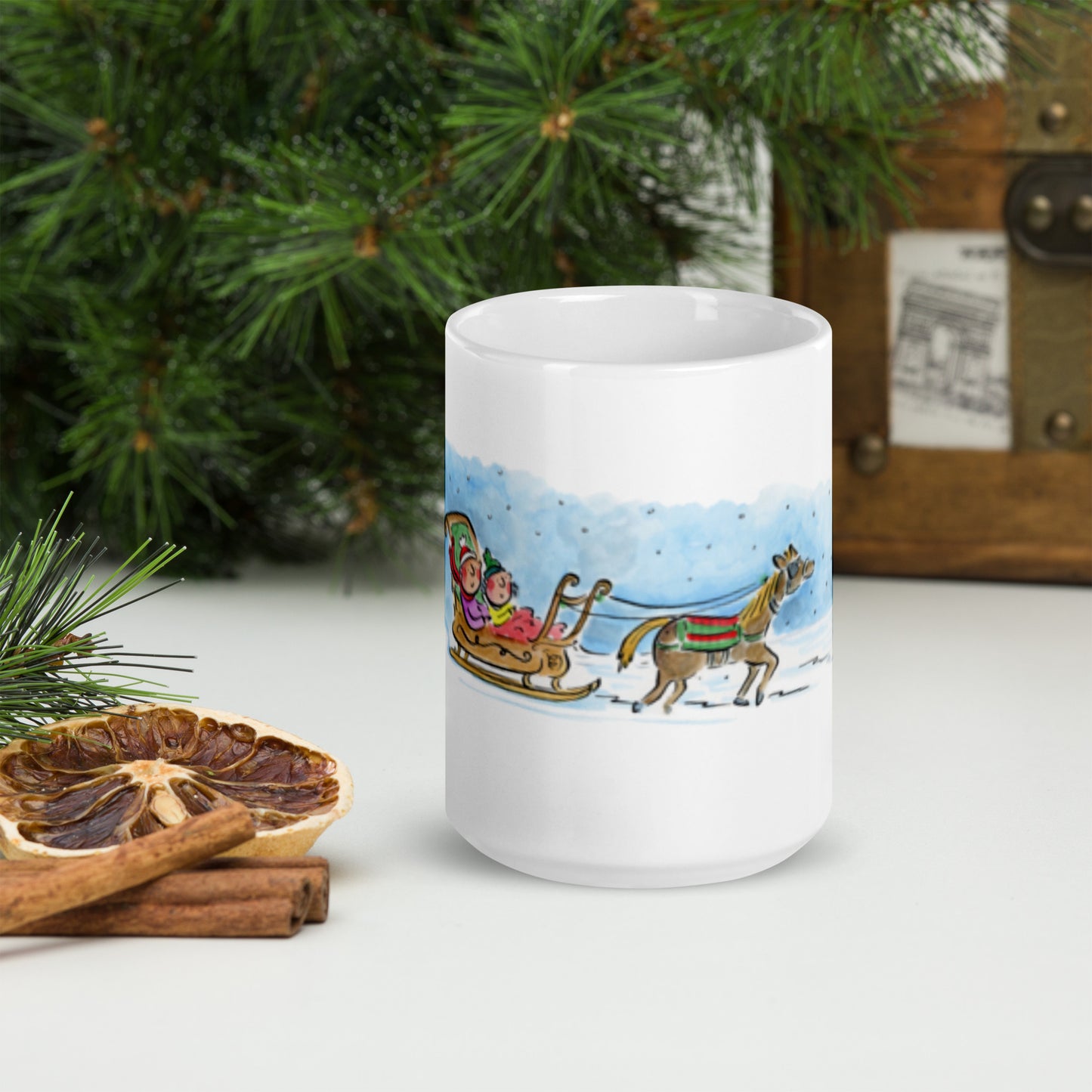 Sleigh Ride Illustration by Rosie Brooks White glossy mug