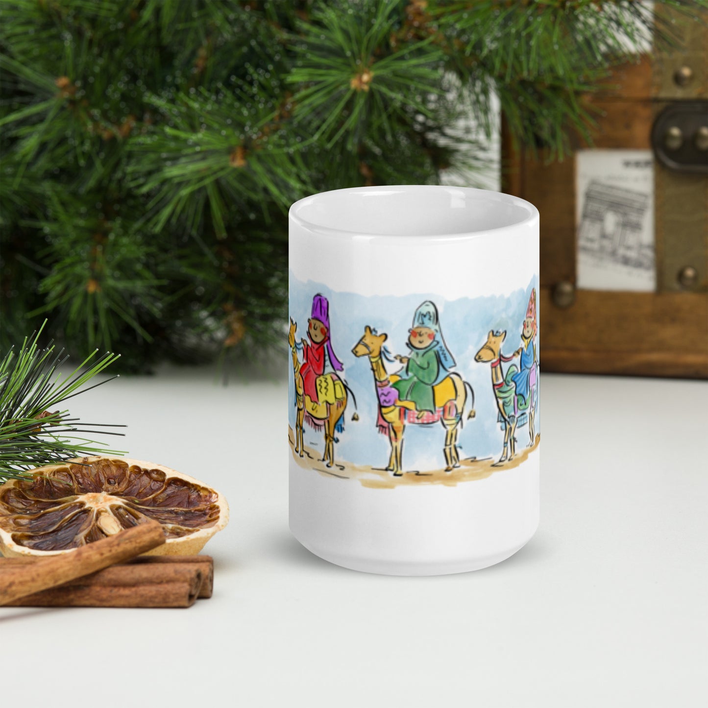 We Three Kings Illustration by Rosie Brooks White glossy mug