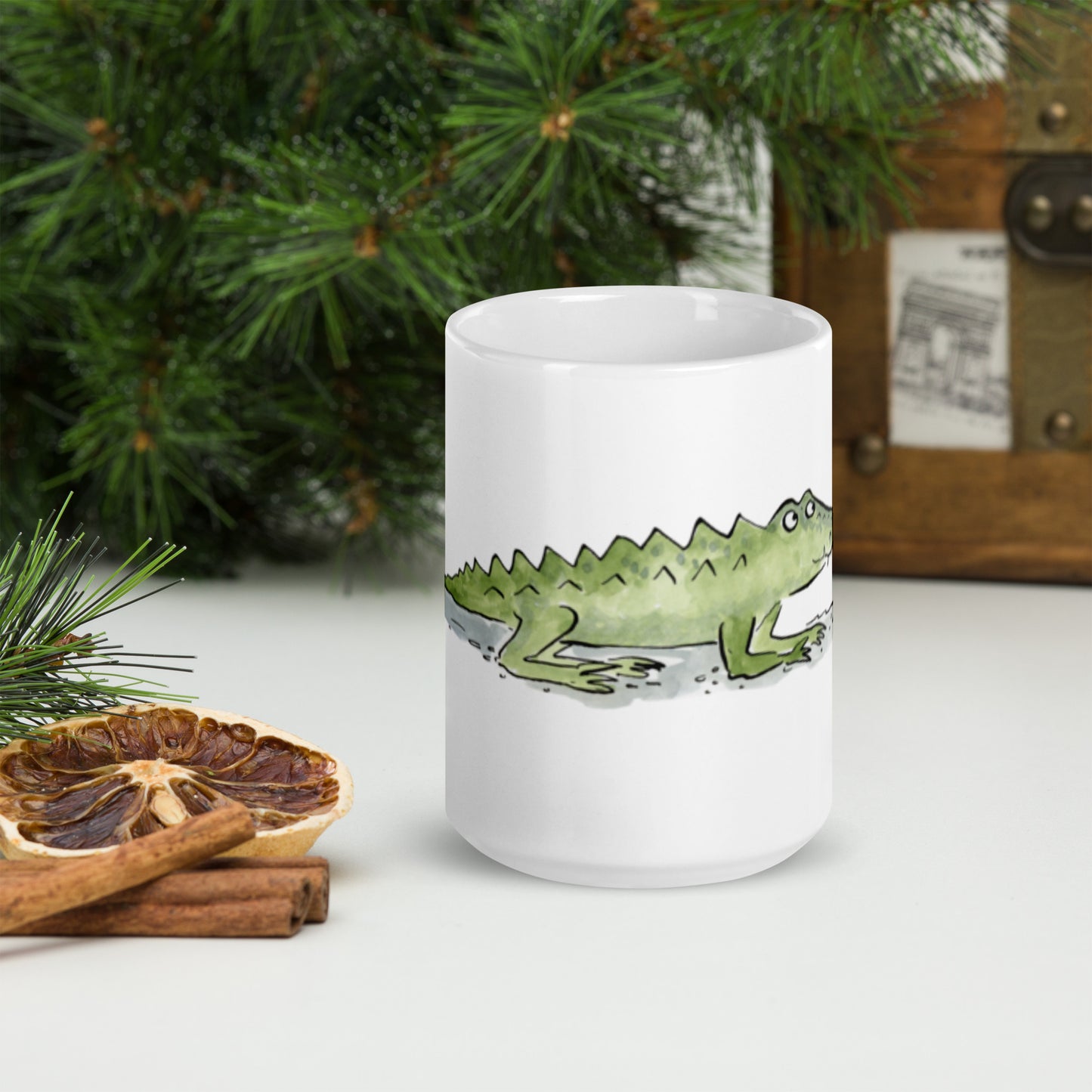 Alligator Illustration by Rosie Brooks White glossy mug