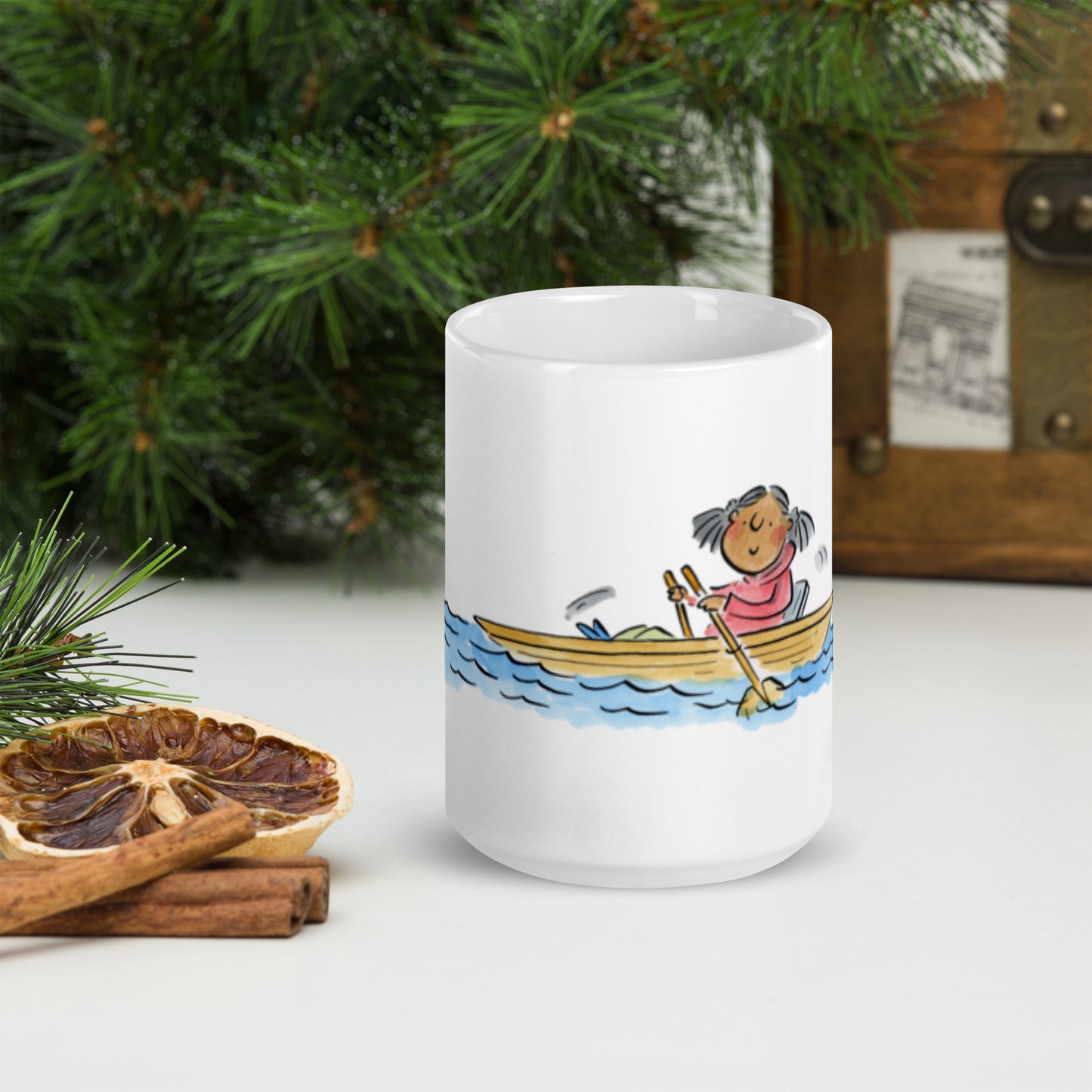 Rowing Illustration by Rosie Brooks White glossy mug