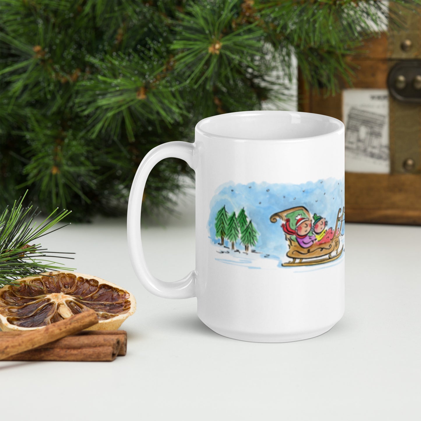 Sleigh Ride Illustration by Rosie Brooks White glossy mug