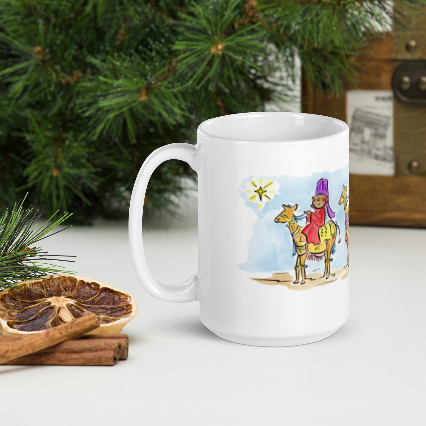 We Three Kings Illustration by Rosie Brooks White glossy mug