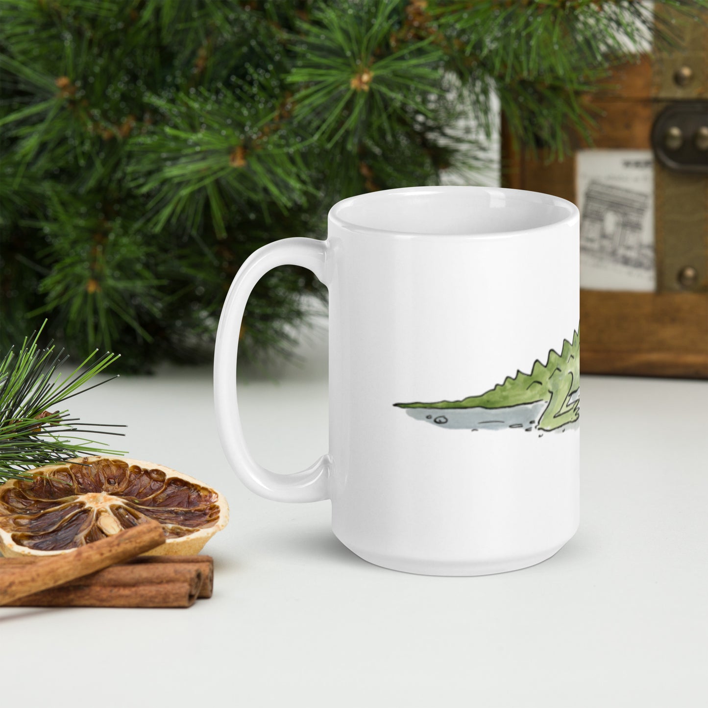 Alligator Illustration by Rosie Brooks White glossy mug