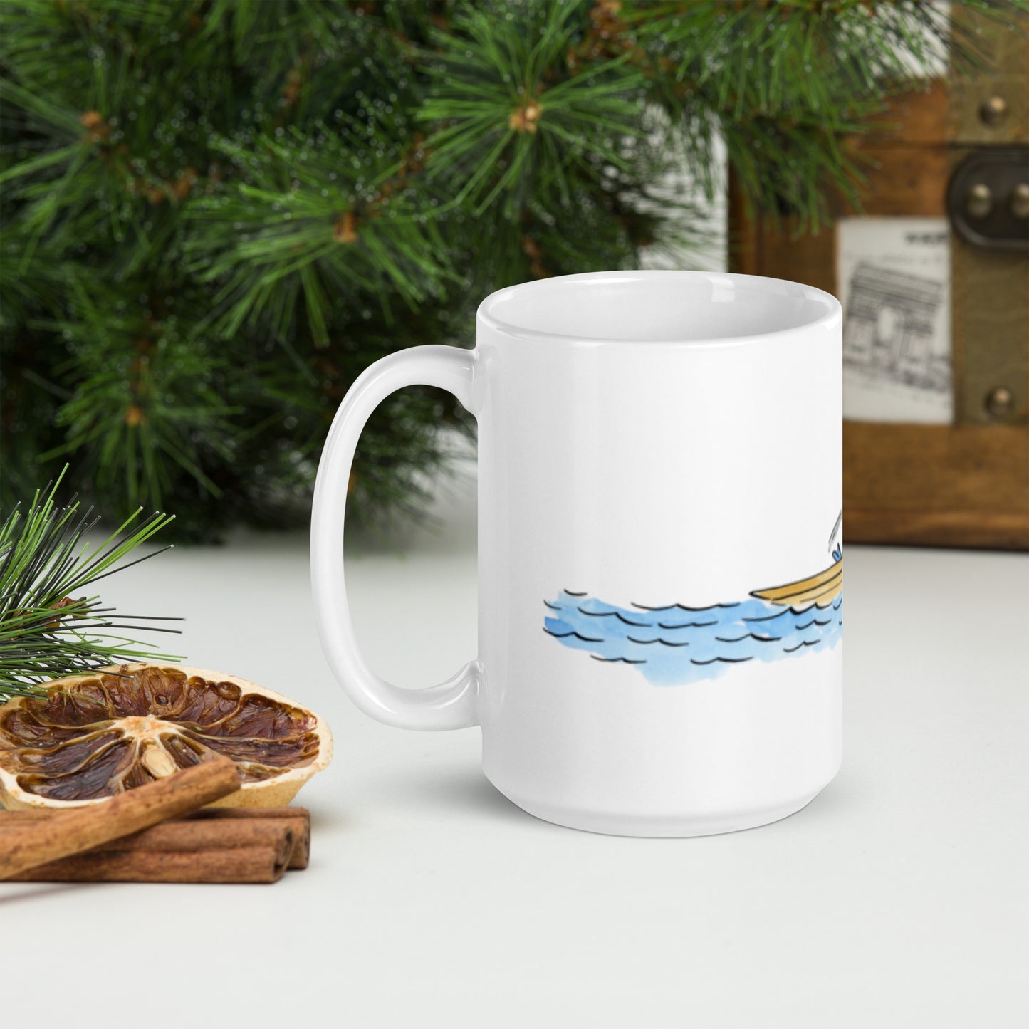 Rowing Illustration by Rosie Brooks White glossy mug