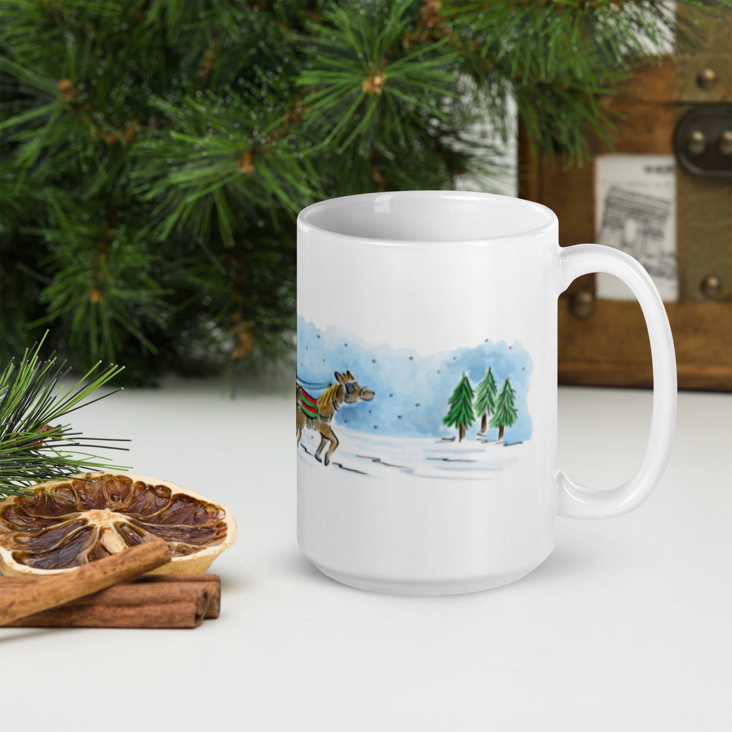 Sleigh Ride Illustration by Rosie Brooks White glossy mug