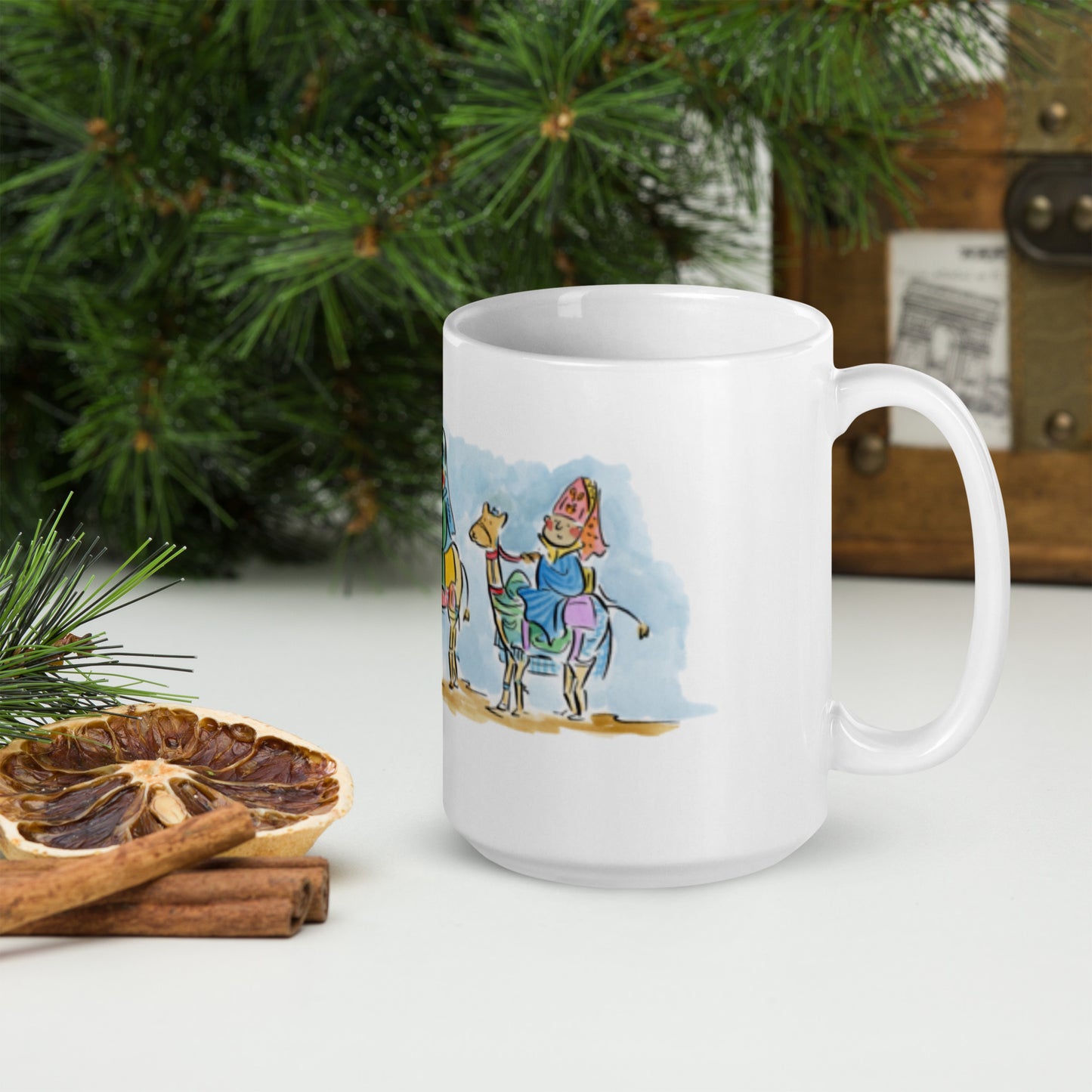 We Three Kings Illustration by Rosie Brooks White glossy mug