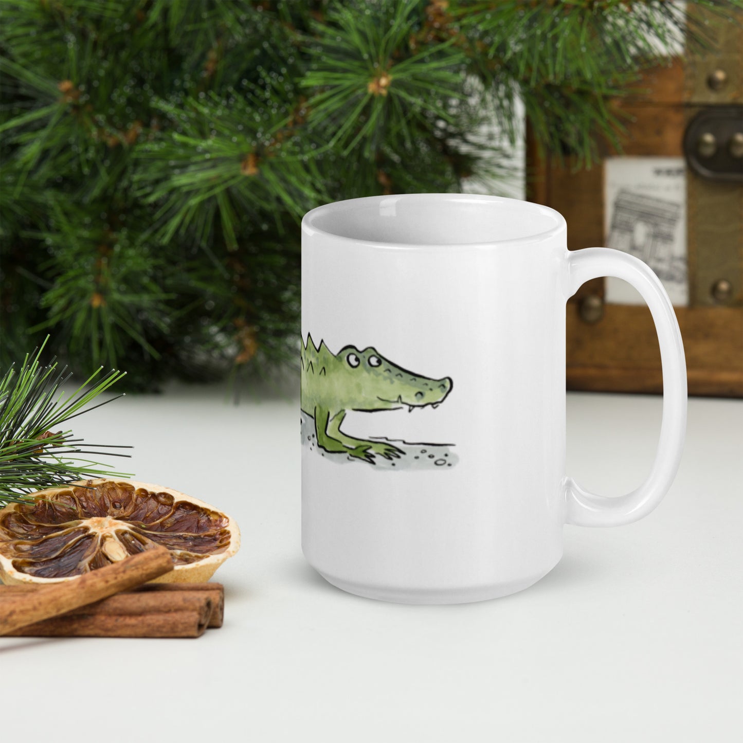 Alligator Illustration by Rosie Brooks White glossy mug