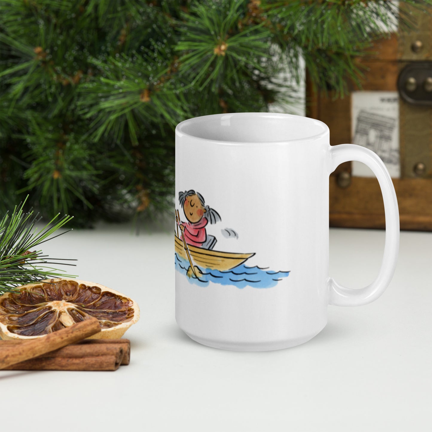 Rowing Illustration by Rosie Brooks White glossy mug