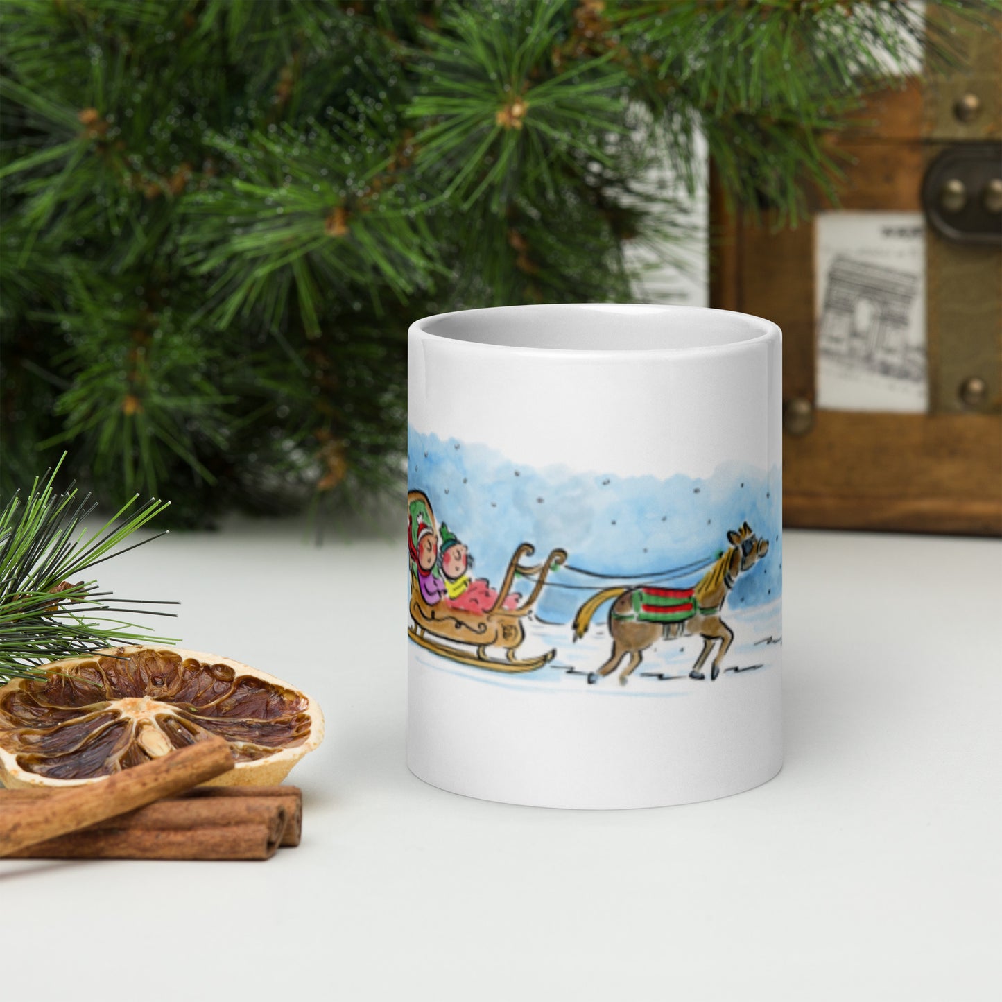 Sleigh Ride Illustration by Rosie Brooks White glossy mug