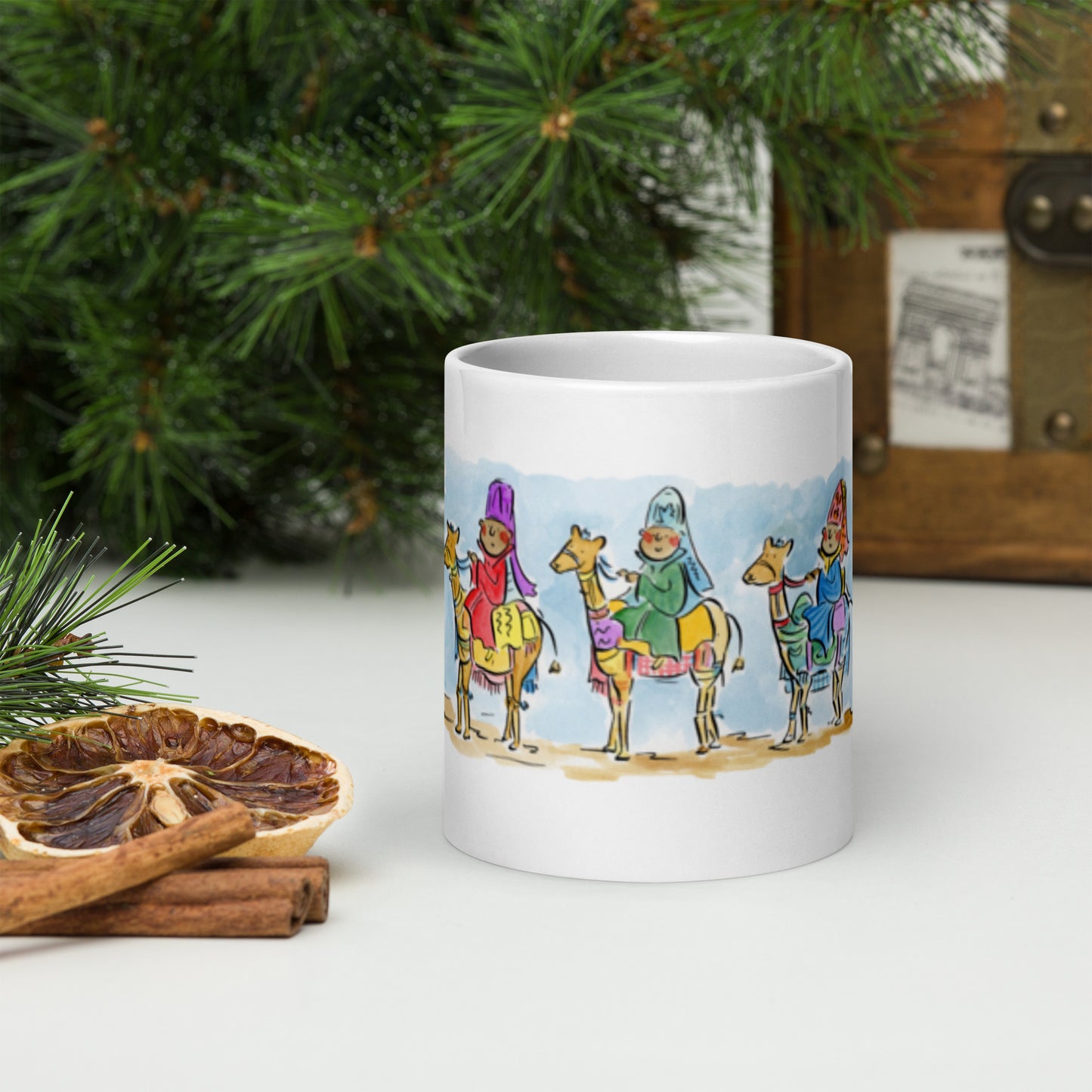 We Three Kings Illustration by Rosie Brooks White glossy mug