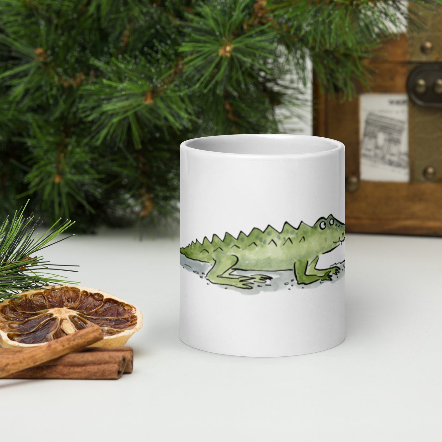 Alligator Illustration by Rosie Brooks White glossy mug