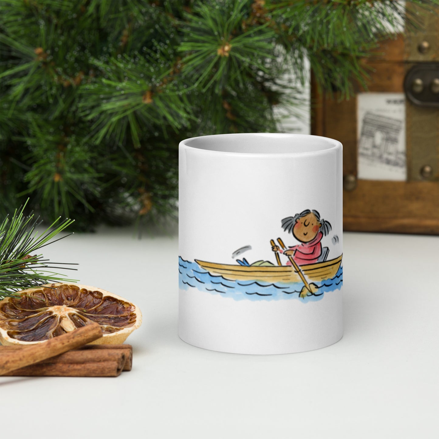 Rowing Illustration by Rosie Brooks White glossy mug