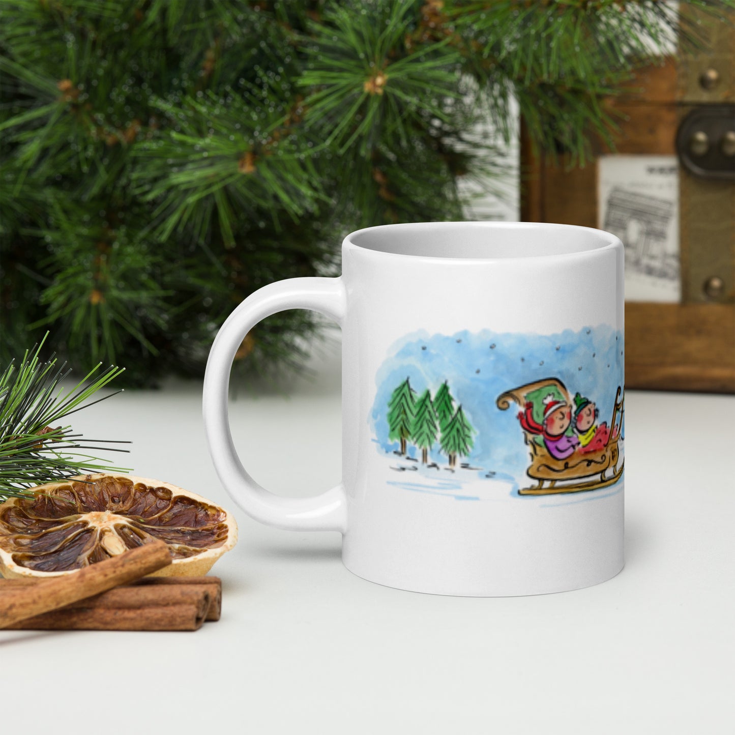 Sleigh Ride Illustration by Rosie Brooks White glossy mug