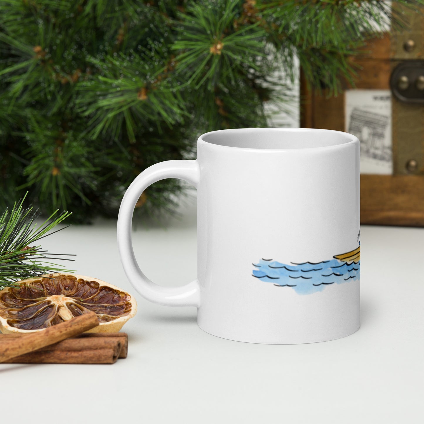 Rowing Illustration by Rosie Brooks White glossy mug