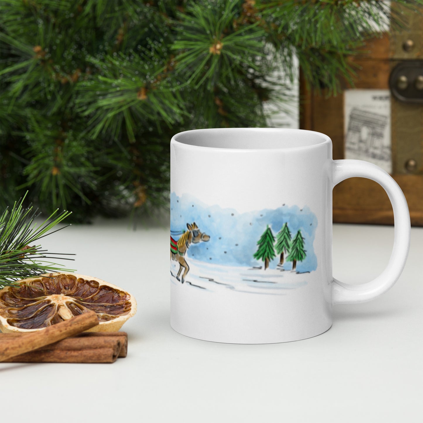 Sleigh Ride Illustration by Rosie Brooks White glossy mug