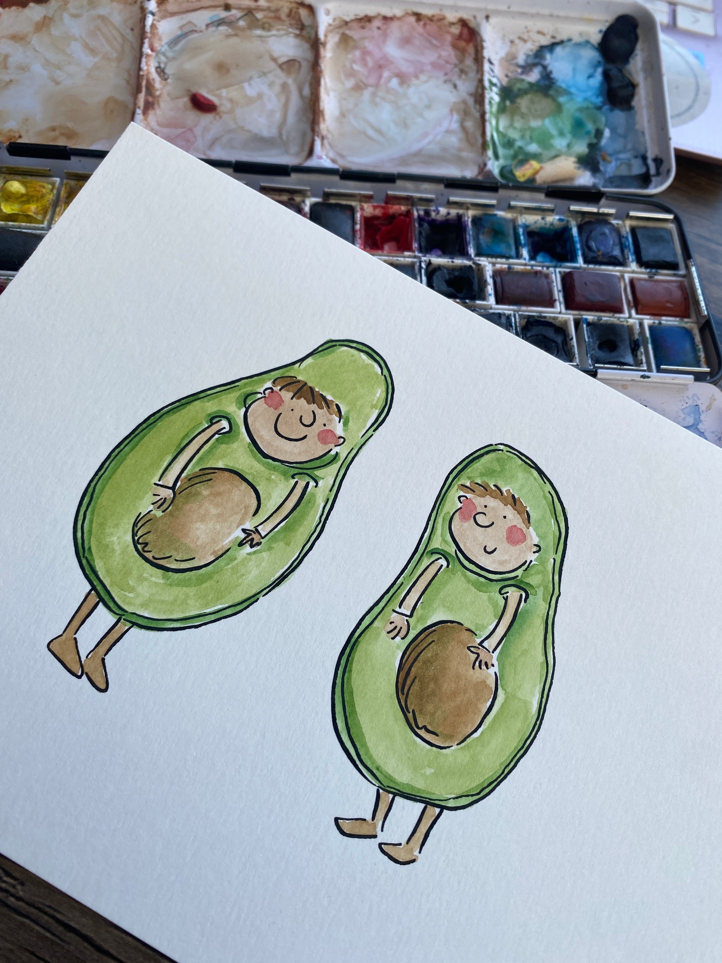 Avocados original pen and ink and watercolour illustration by Rosie Brooks