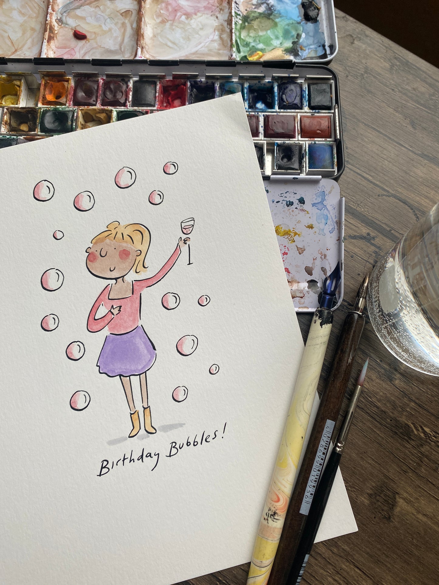 Birthday Bubbles original pen and ink and watercolour illustration by Rosie Brooks
