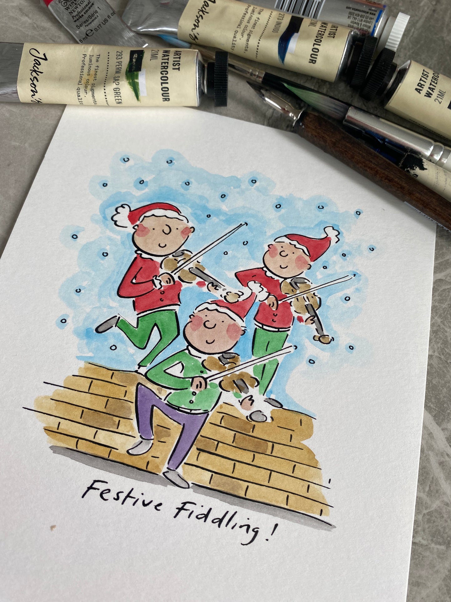 Festive Fiddling original pen and ink and watercolour illustration by Rosie Brooks